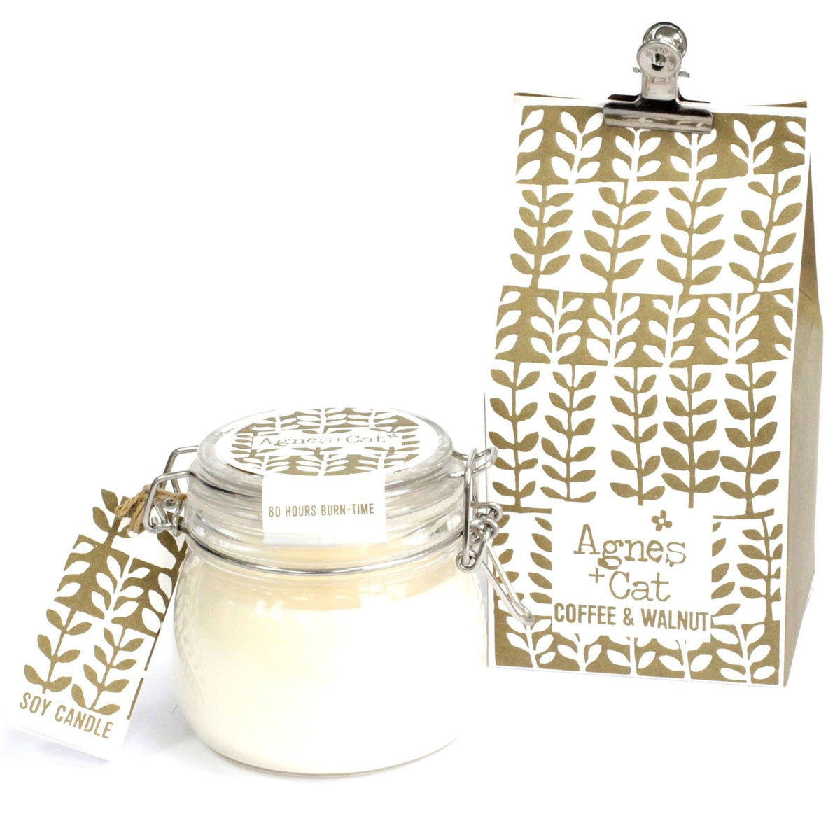 Agnes + Cat Kilner Jar Candle, Coffee and Walnut in a clear glass jar with patterned packaging