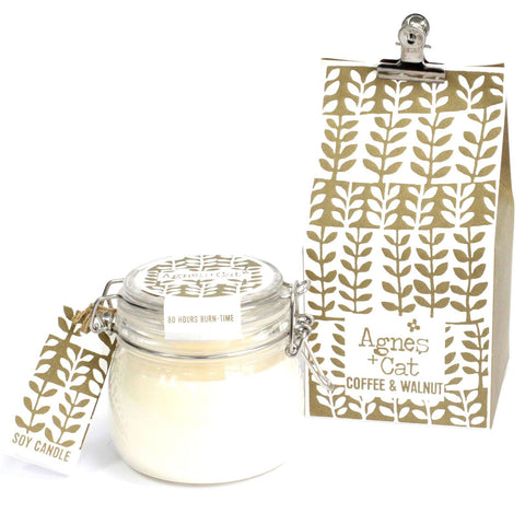 Agnes + Cat Kilner Jar Candle, Coffee and Walnut in a clear glass jar with patterned packaging