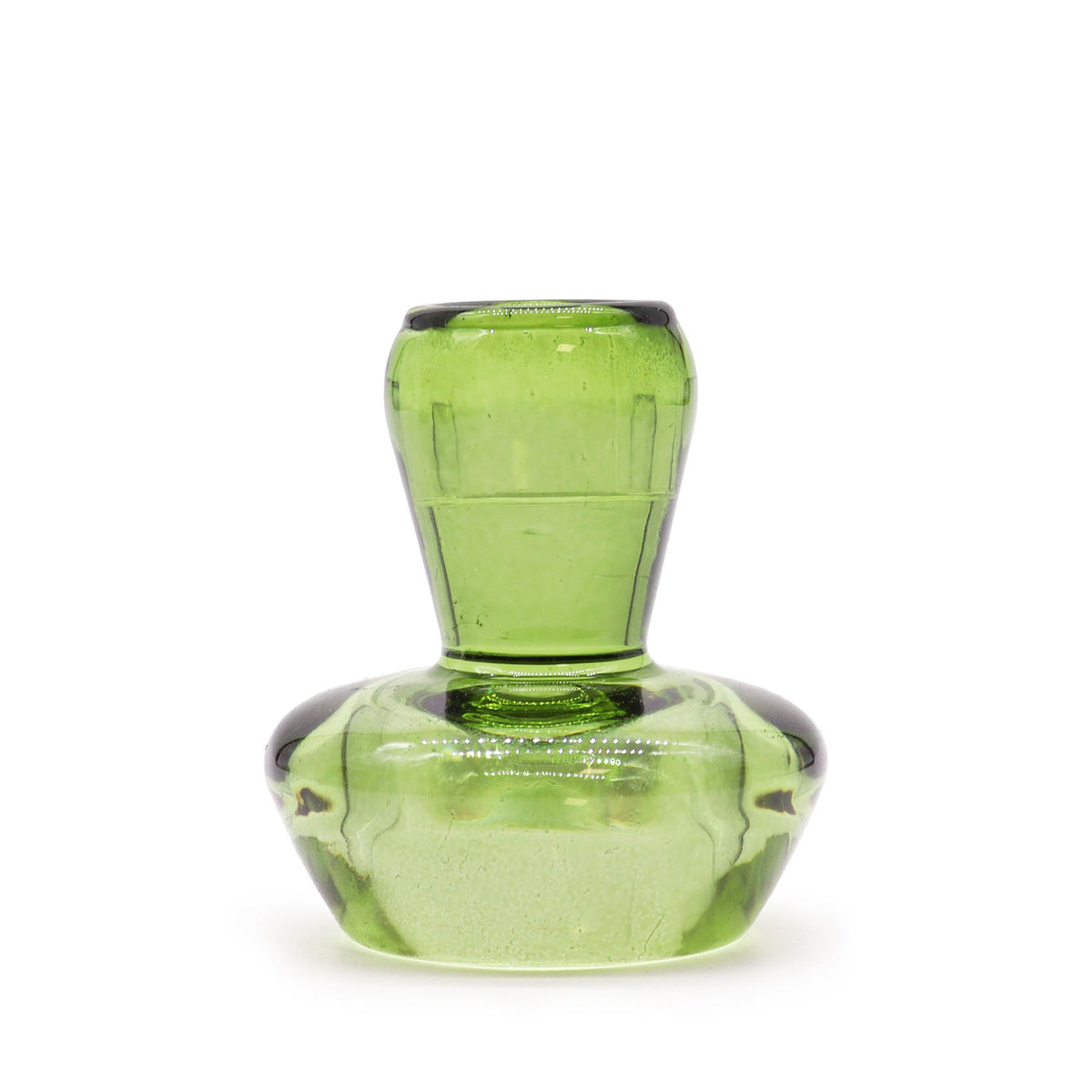Garden jade glass mushroom holder shown upside down, with its narrow stem and broad base on white