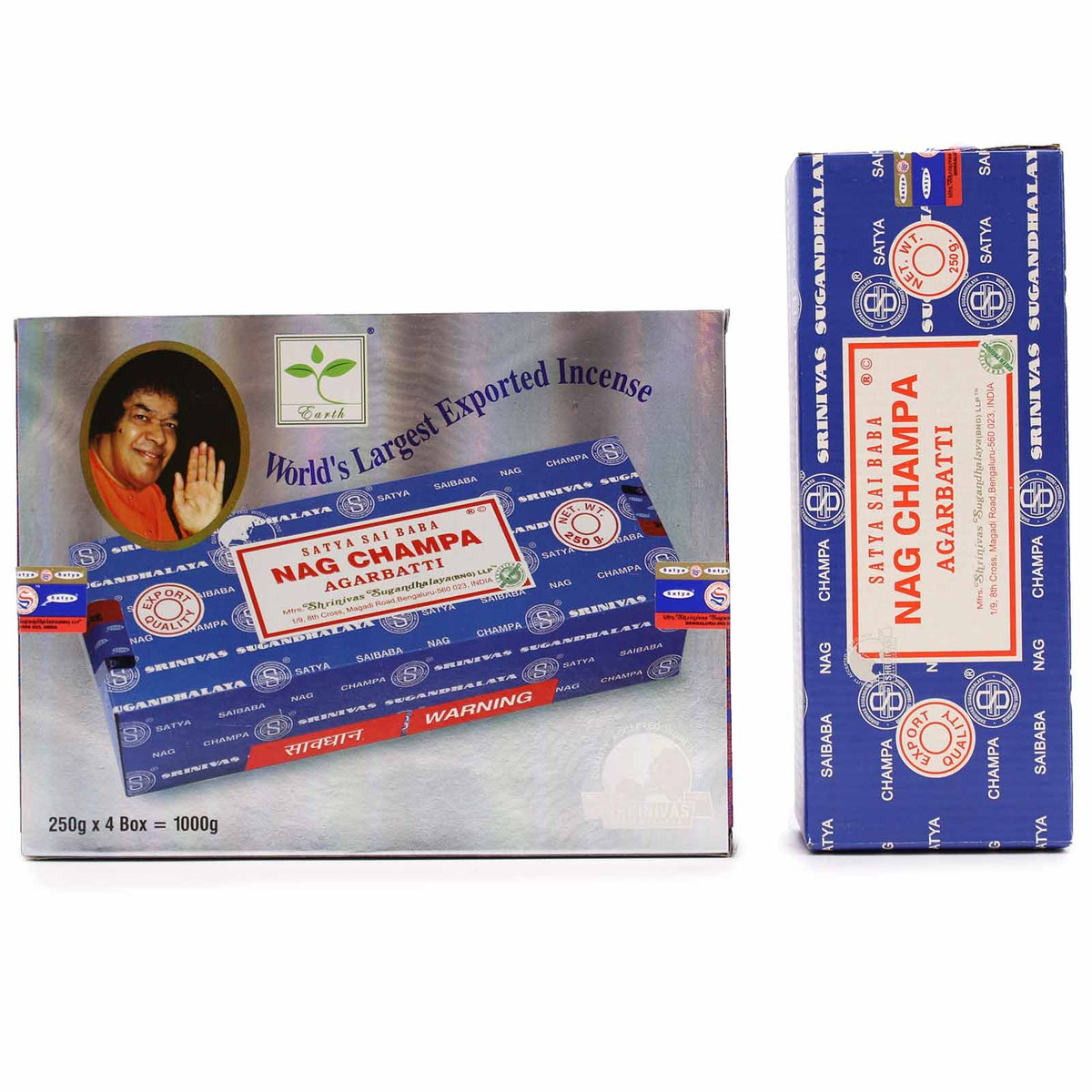 Satya Nagchampa Incense 250 Gms in blue and red packaging, with a box and upright pack shown