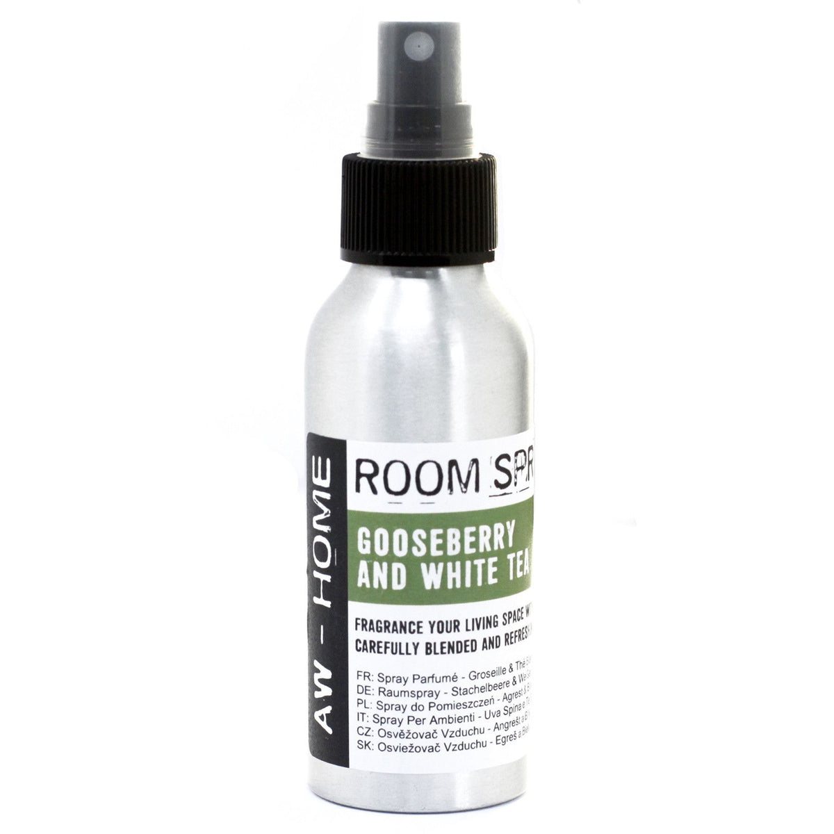 Gooseberry & White Tea room spray in a silver bottle, front label visible against a white background