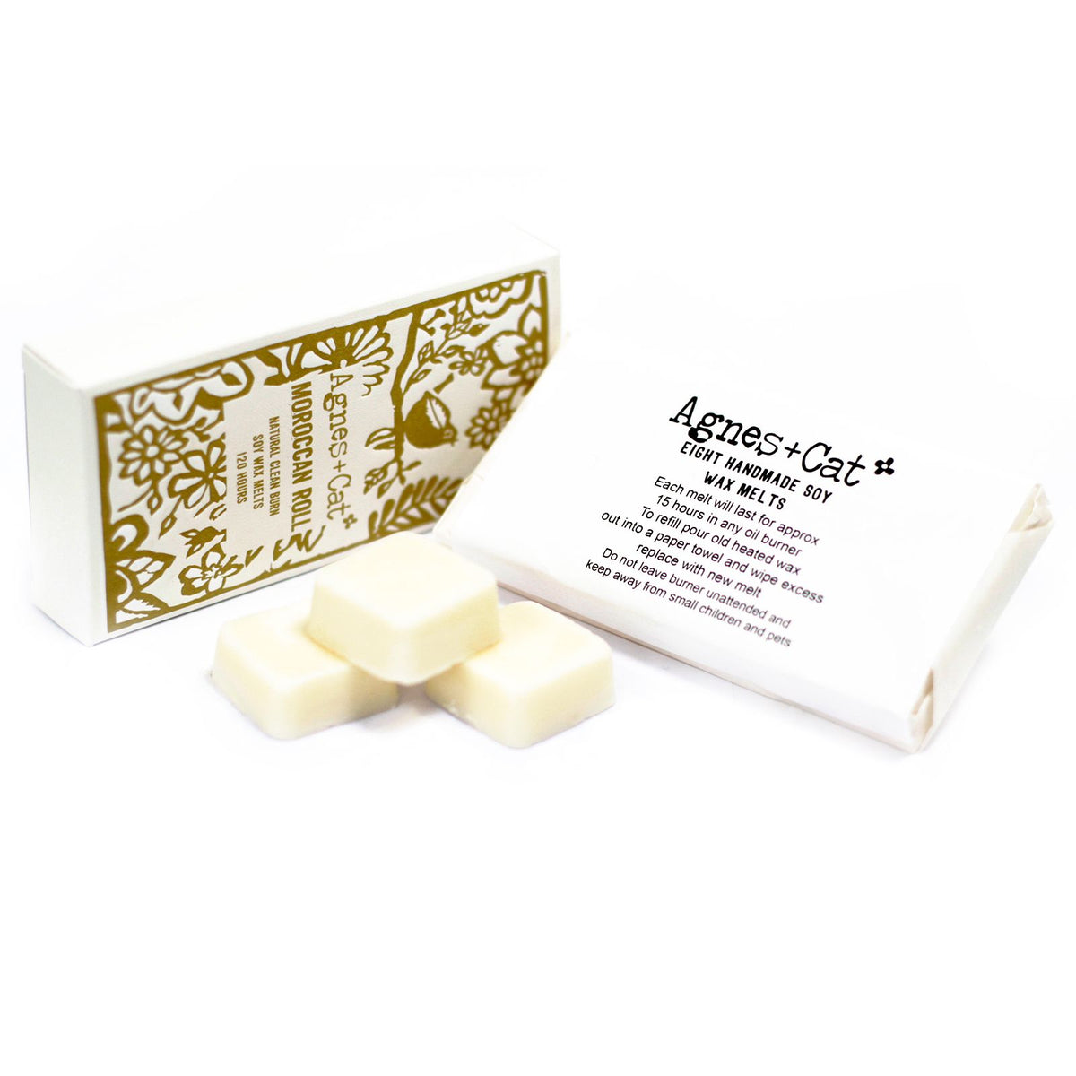 Agnes + Cat Box of 8 Wax Melts, Moroccan Roll, open box with cream melts and printed lid