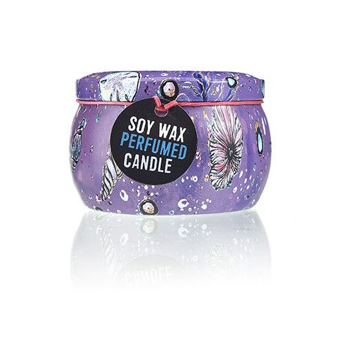 Art Tin Candle, Assorted Design, Sea life, Rasberry, purple tin with sea life artwork, front view