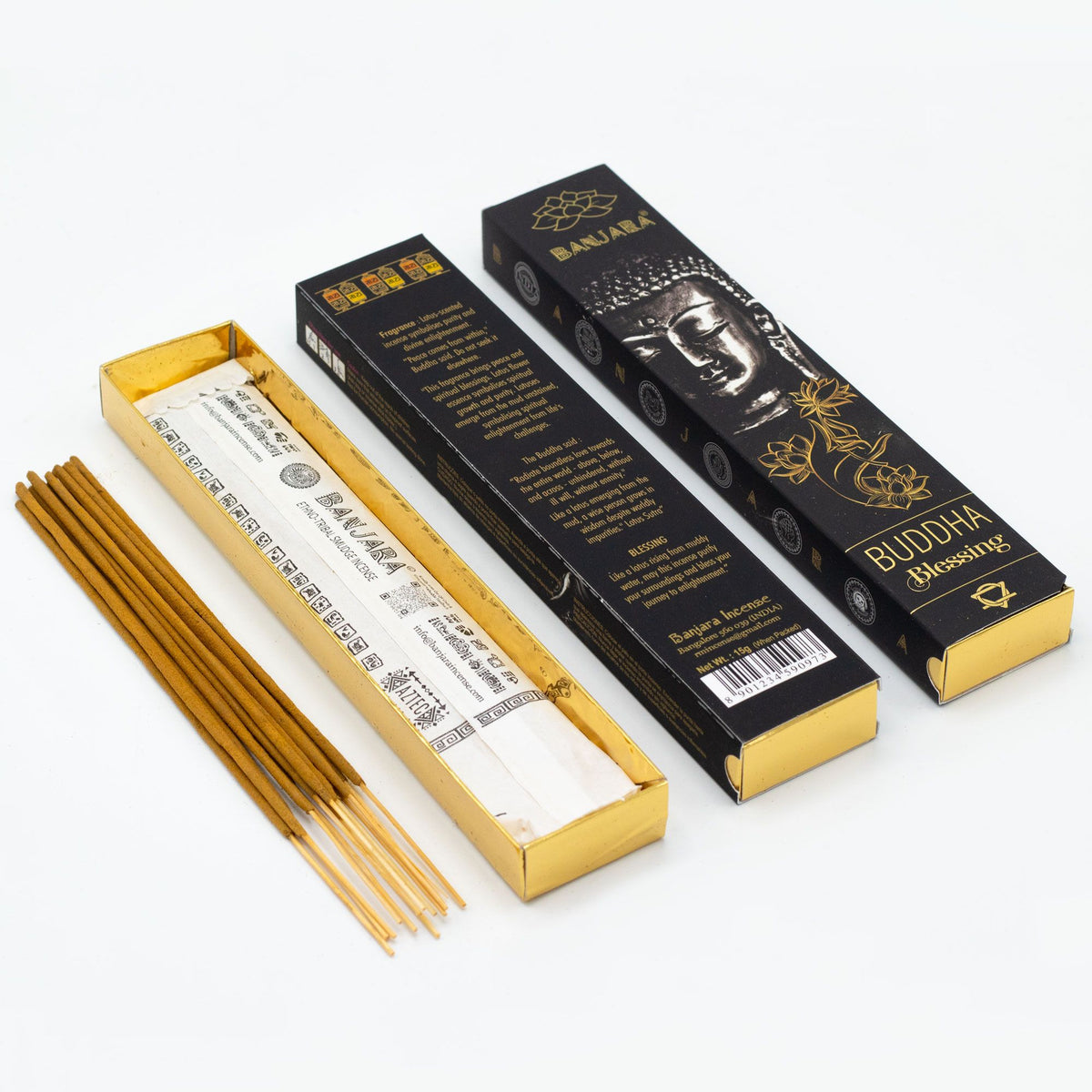 Banjara Buddha incense sticks beside open and closed black and gold boxes, shown from above