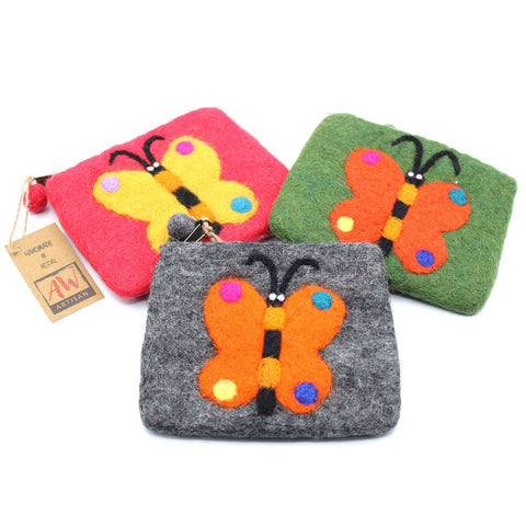 Natural Felt Zipper Pouches, Big Butterfly, three pouches in pink, green and grey with butterfly designs