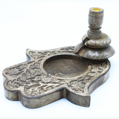Lrg Mango Wood Backflow Burner, Hamsa, carved grey-brown hand-shaped tray with raised holder, viewed from above