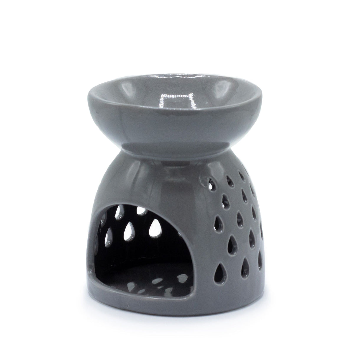Classic Oil Burner, Teardrops Cutout, Grey with top dish and arched opening, shown from the front