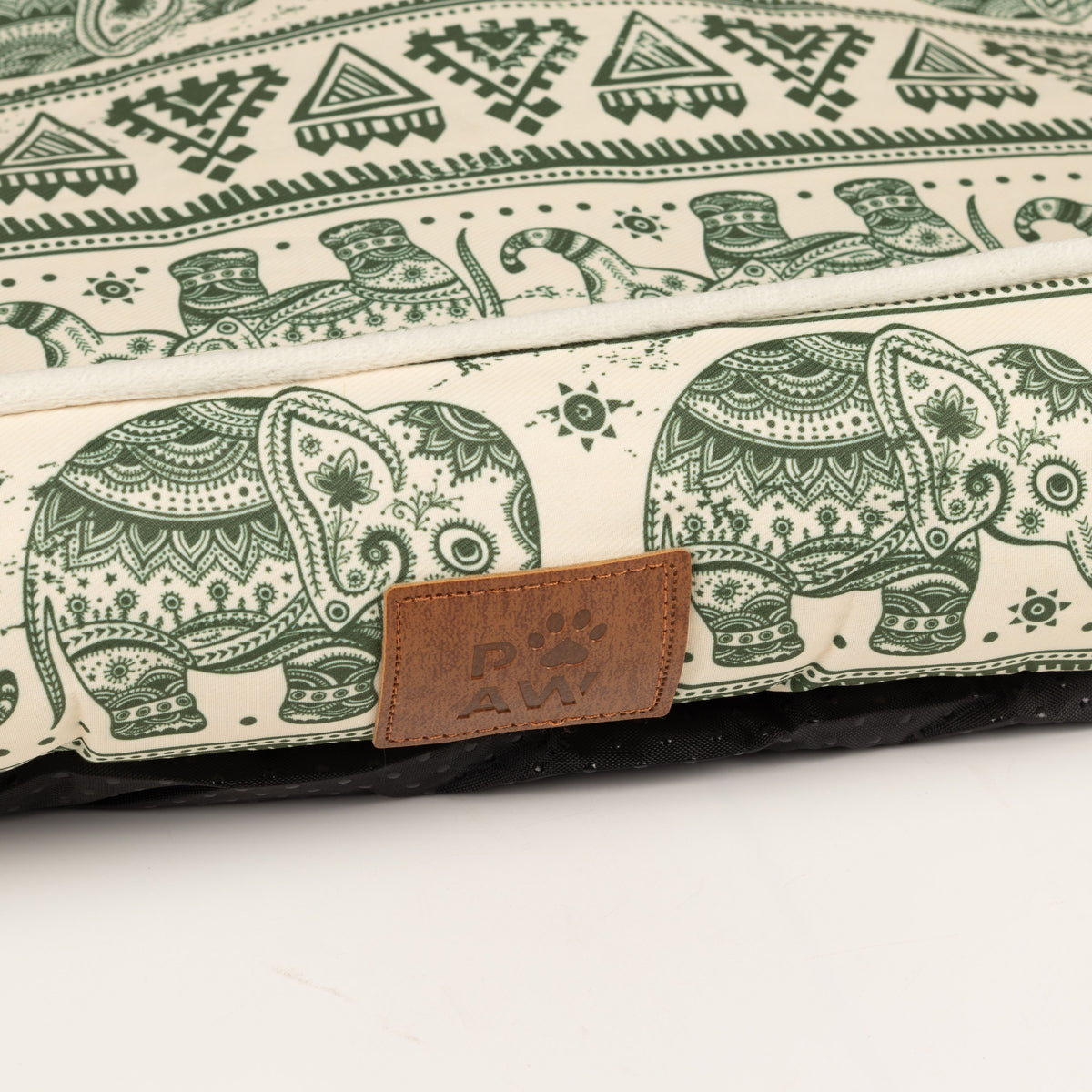 Close-up of the elephant print and PAW label