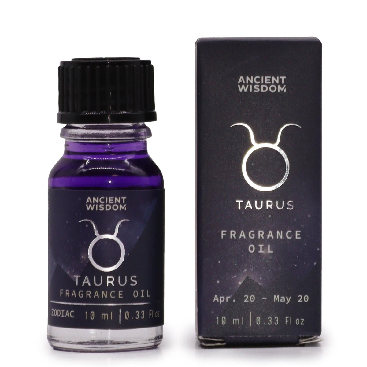 Taurus zodiac fragrance oil bottle in dark purple glass next to its star-sign gift box