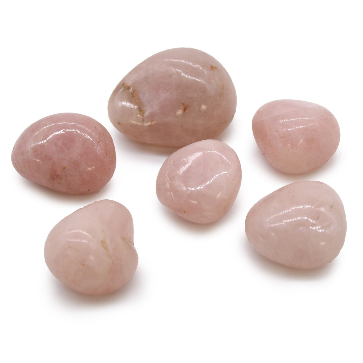 Large African Tumble Stones, Rose Quartz, pale pink polished stones displayed on a white background