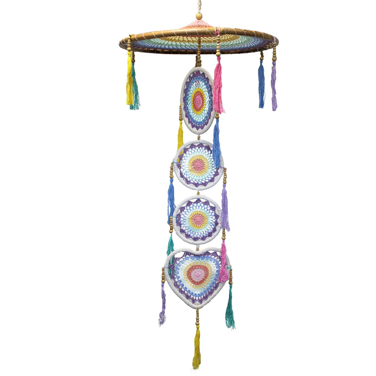 The Extra Large Rainbow Dreamcatcher in Pastel Rainbow, shown in full on white