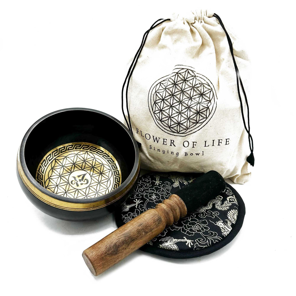 Hand Beaten & Engraved Singing Bowl Gift Set, 14cm, Flower of Life, bowl, striker, cushion and drawstring bag