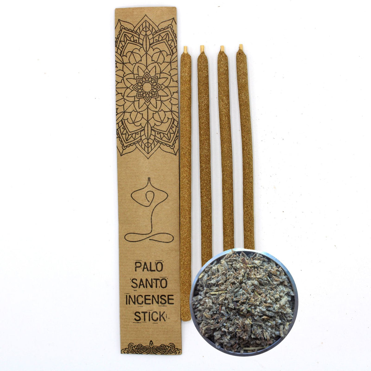 Palo Santo Large Incense Sticks, Wiracoa, four brown sticks beside a printed cardboard sleeve and dish