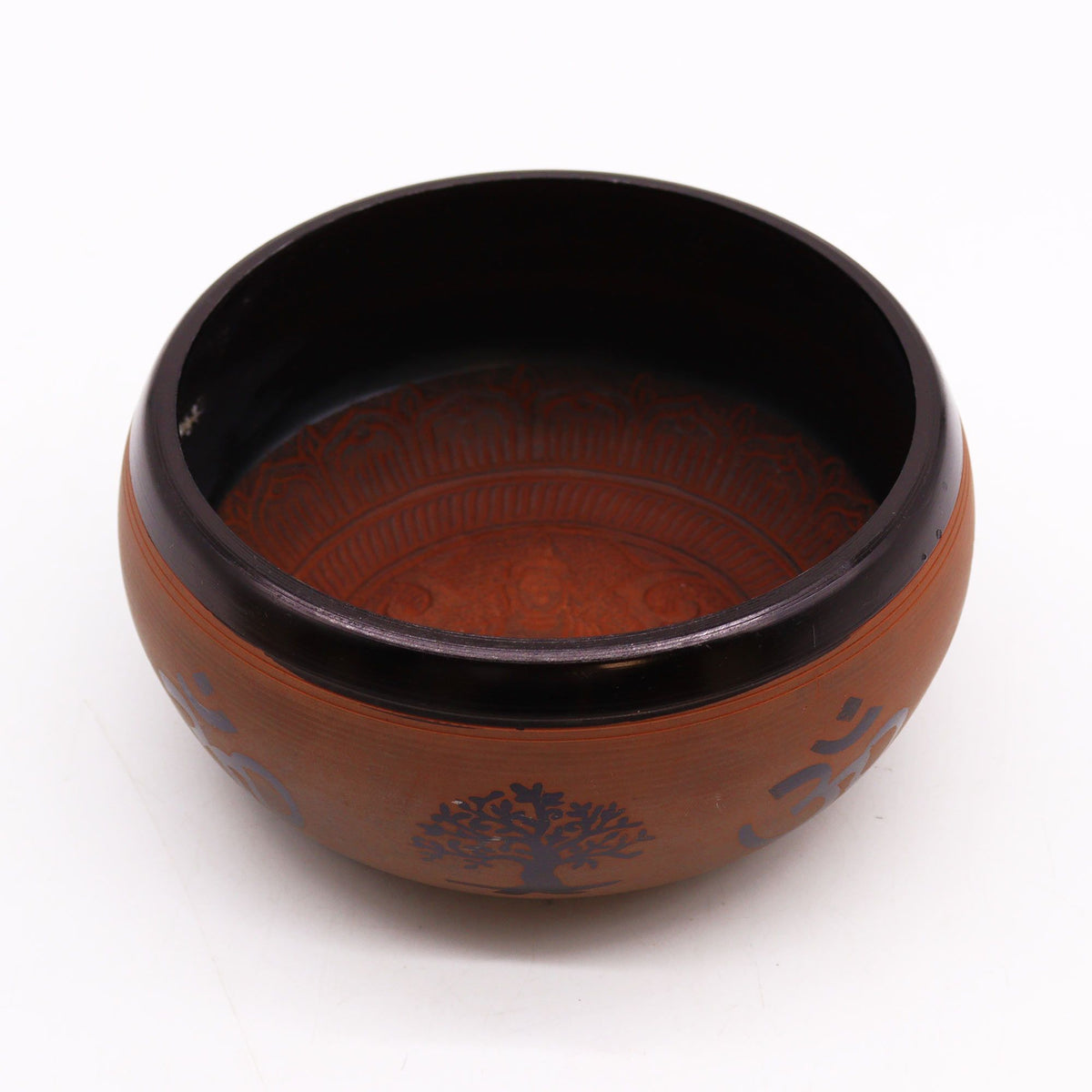 Earth Powder Singing Bowl, Clay Om Buddha, 16cm, brown bowl shown at an angle with dark rim and patterned interior