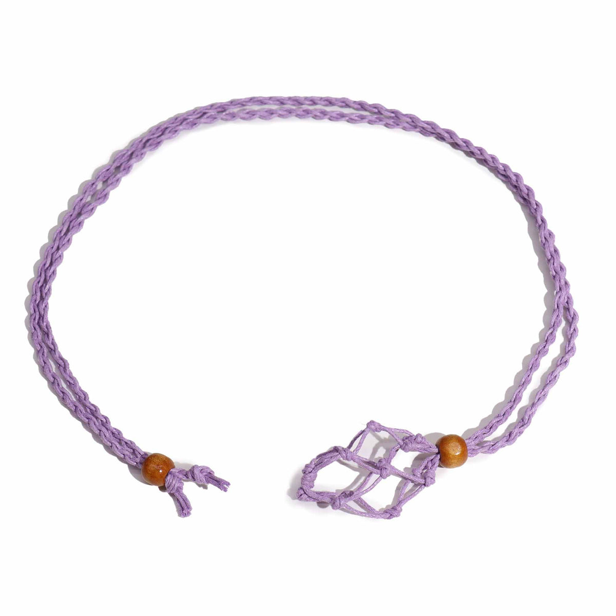 Gemstone Necklace Cord, Purple, looped on a white background with wooden beads and a knotted stone holder