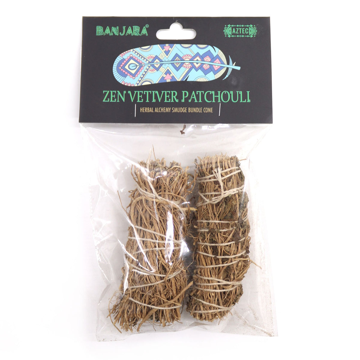 Banjara Smudge, Vetiver and Pachuli in clear packaging with a black printed card and two tied bundles
