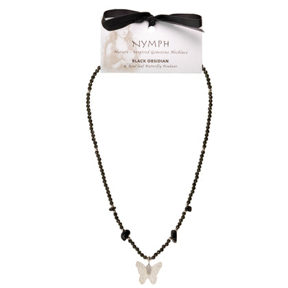 Nymph Black Obsidian Necklace with Real Leaf Butterfly Pendant