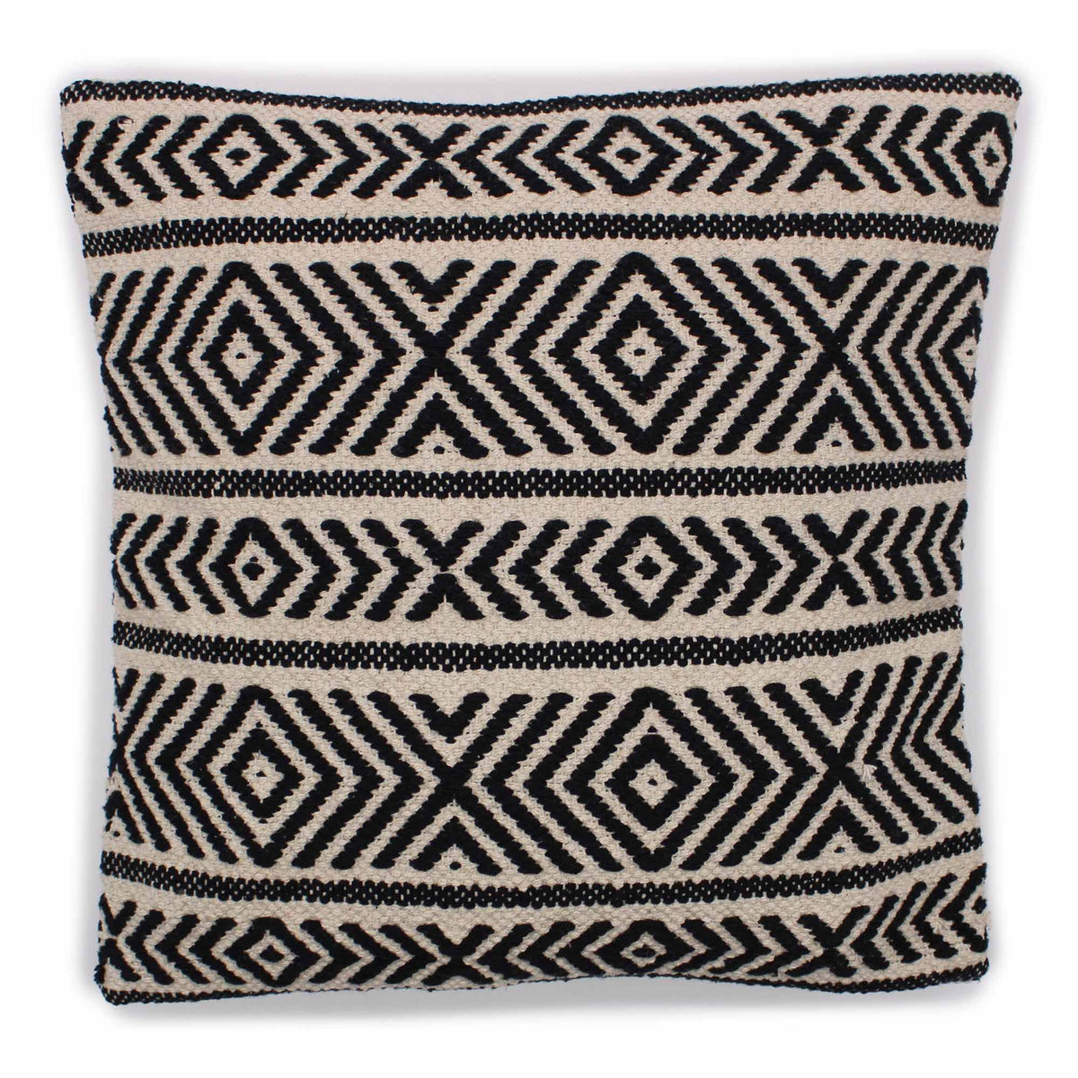 Cream cushion cover with bold black geometric tribal bands, shown straight on against a plain white background