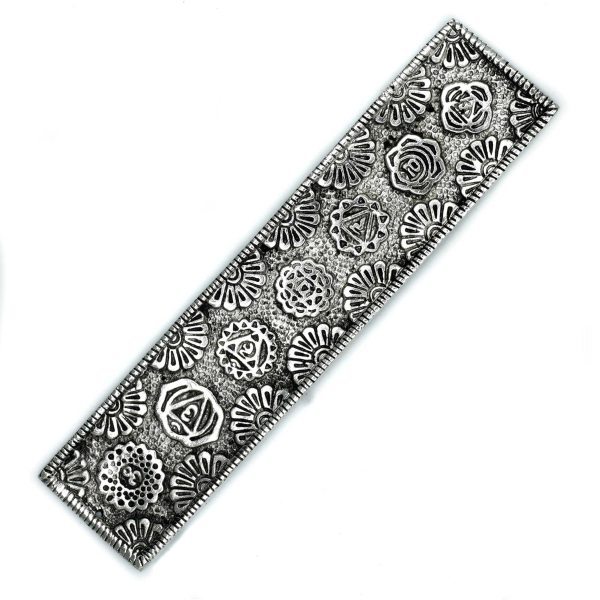 Polished Aluminium Chakra Long Incense Holder 23cm, silver rectangular holder with raised chakra designs, viewed from above