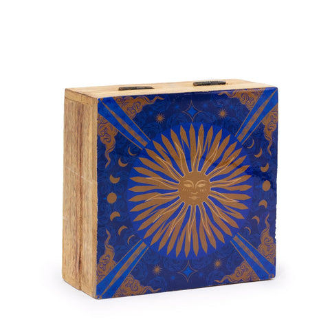 Hop Hare Medium Enameled Square Box, The Sun, closed with a blue and gold sun design on the front