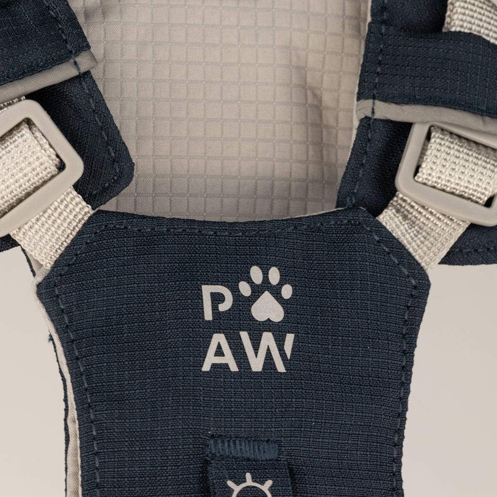 Close-up of the harness fabric and PAW logo