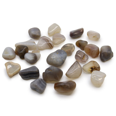 Small African Tumble Stones, Grey Agate, Botswana, assorted grey, brown and cream polished stones scattered on white