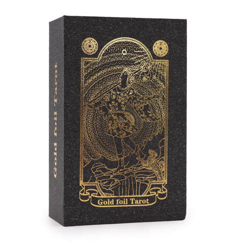 Gold Foil Tarot Set with Book, Gift Box, black box with ornate gold tarot artwork shown upright from the front