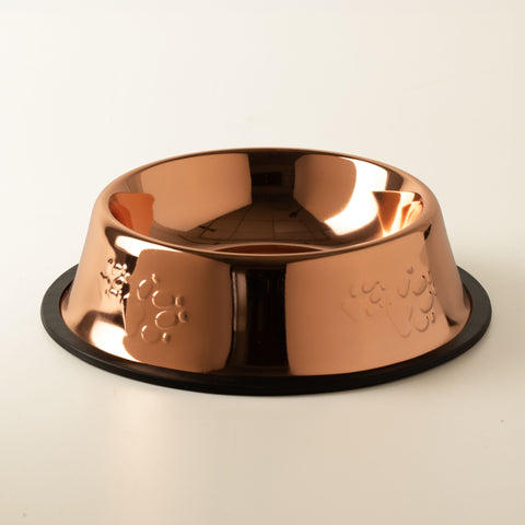 PAW copper-style pet bowl with embossed paw prints