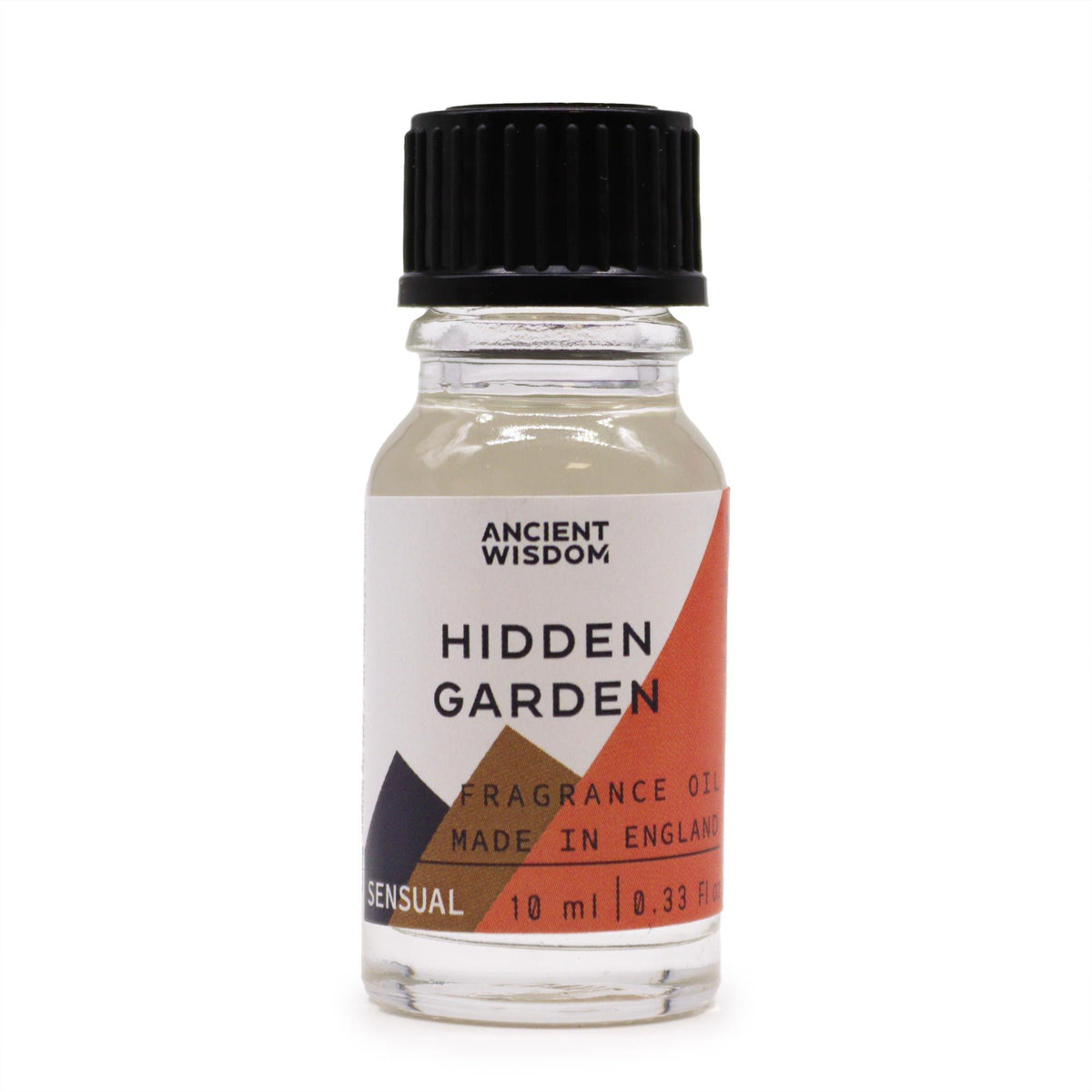 Hidden Garden fragrance oil in a clear bottle with black cap, standing alone against a white background