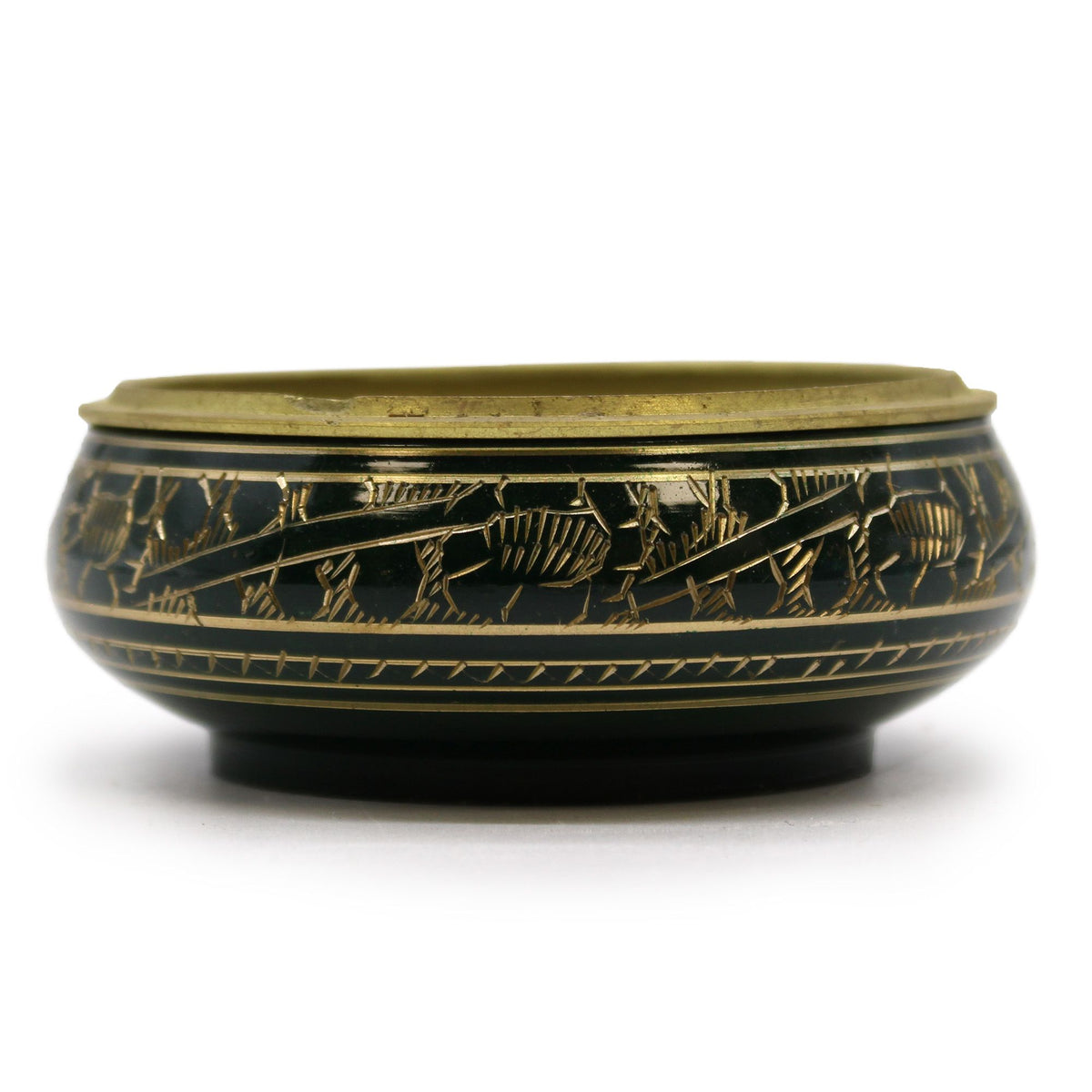 Chakra Charcoal Incense Jar, Heart, dark jar with gold decoration, shown closed from the side