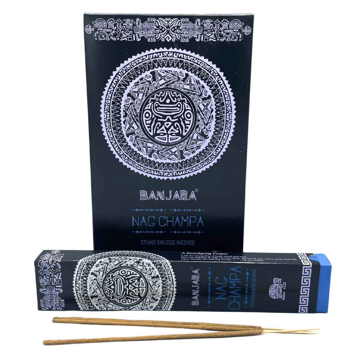 Banjara Nag Champa incense box with a circular Aztec-style motif and sticks