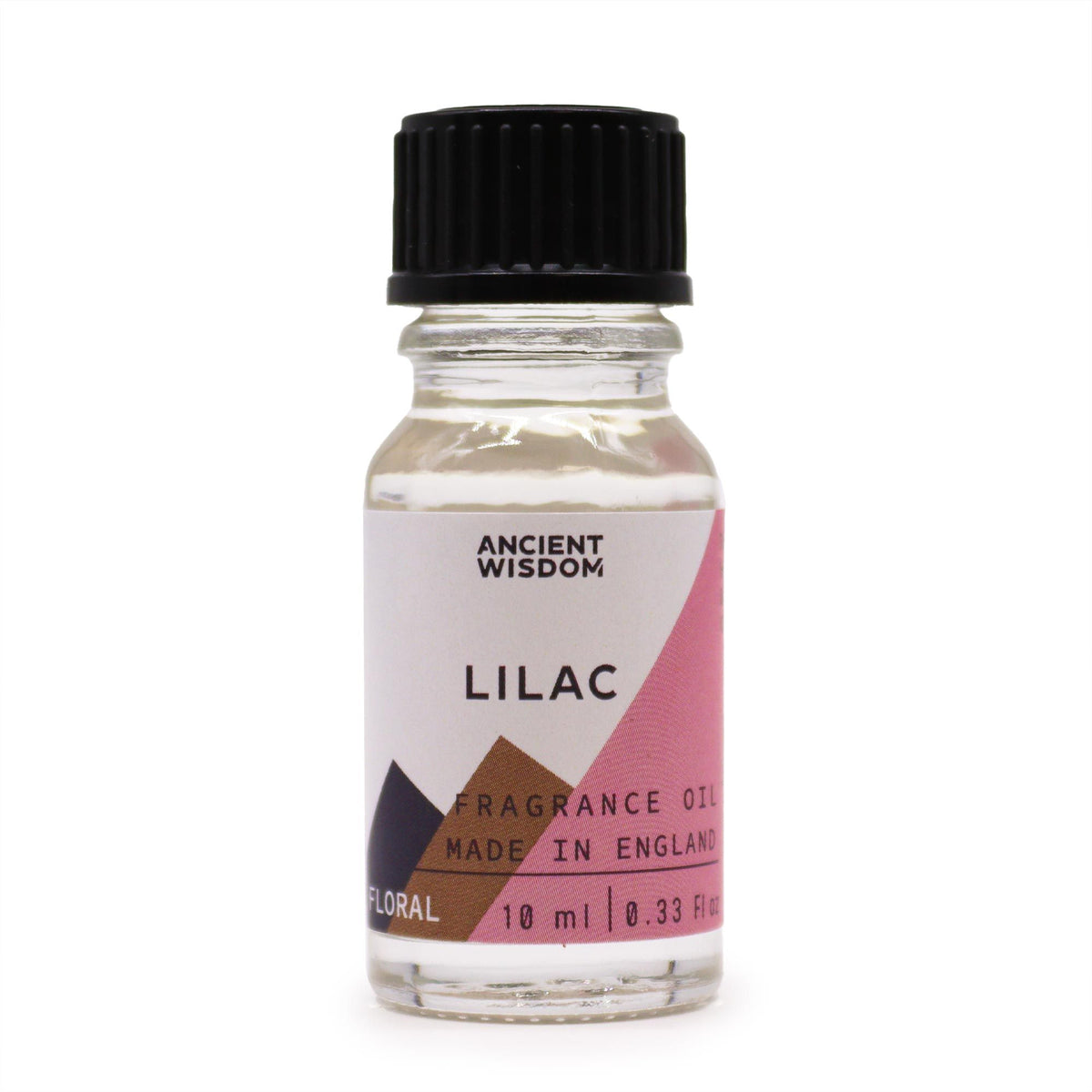 Lilac fragrance oil bottle with black cap, shown upright against a plain white background