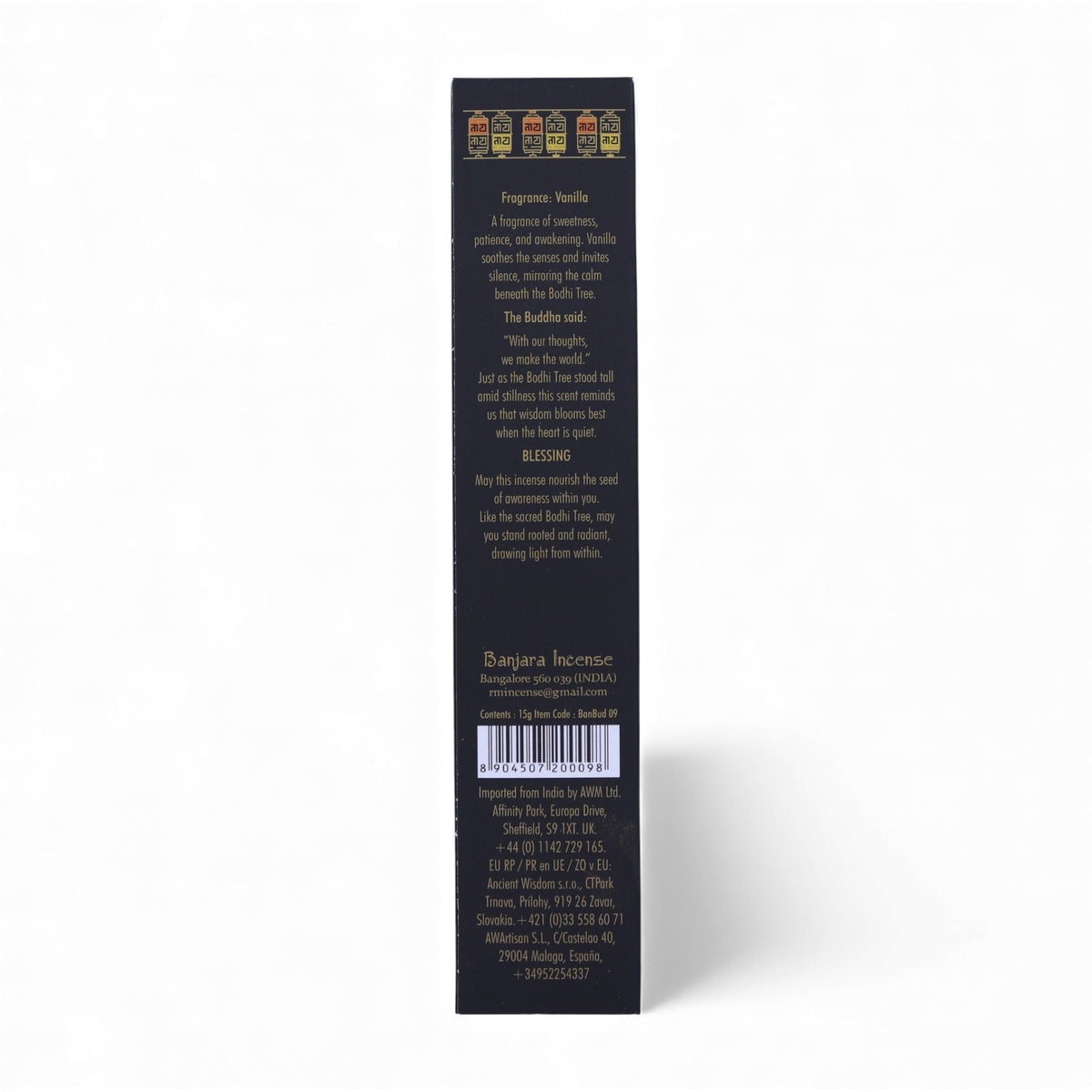 Banjara Buddha Bohdi incense in a tall black box, shown from the back with gold text and a barcode