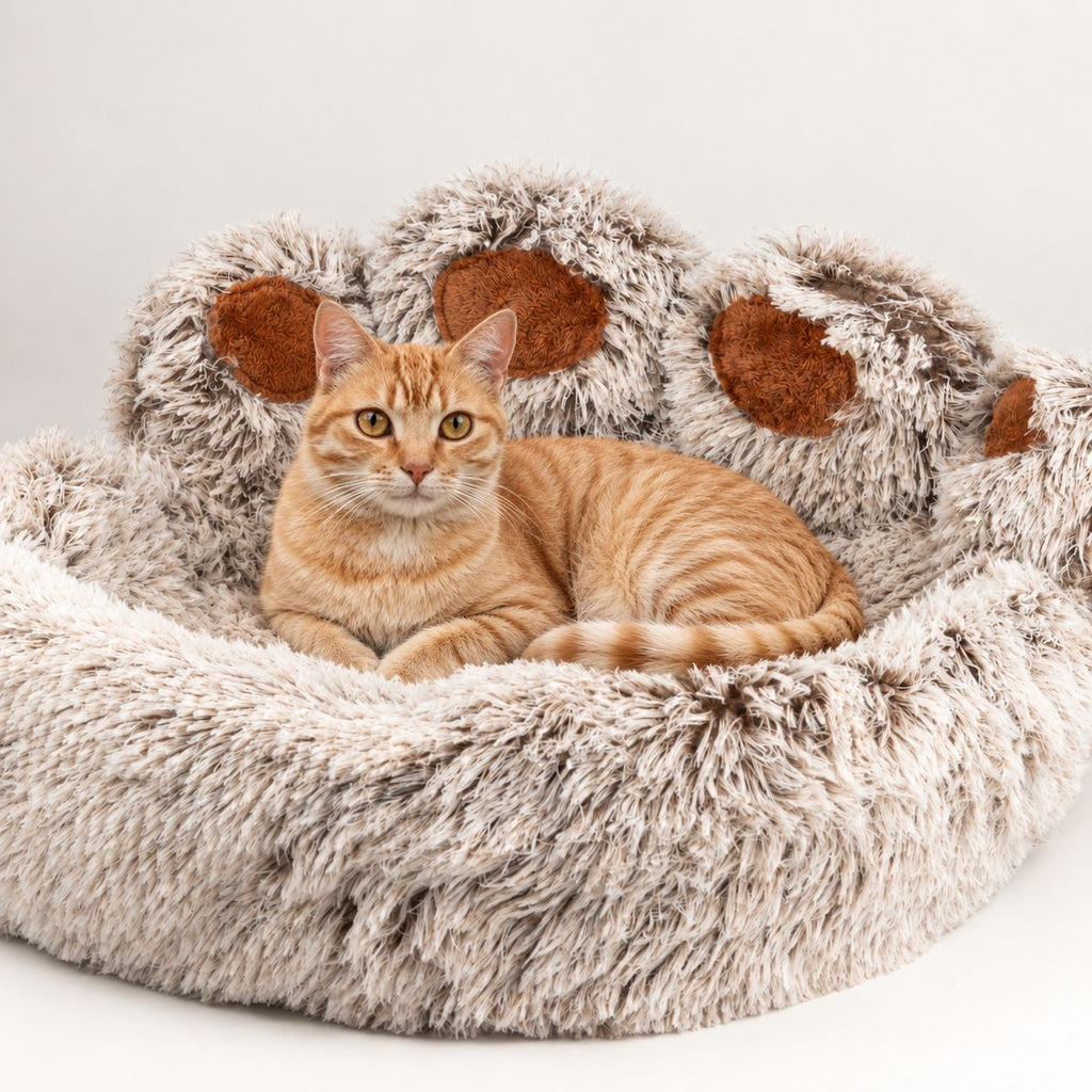 PAW large paw-shaped bed with a cat resting in the centre