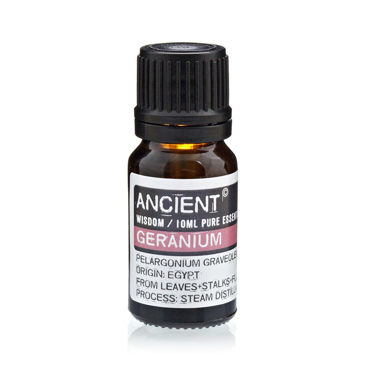 10 ml Geranium Essential Oil in a dark amber bottle with a black cap, shown upright from the front