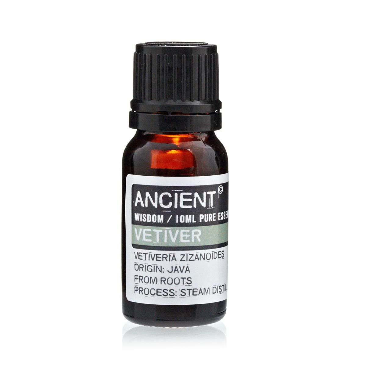 10 ml Vetivert Essential Oil in an amber bottle with a black cap and front label, shown upright on white