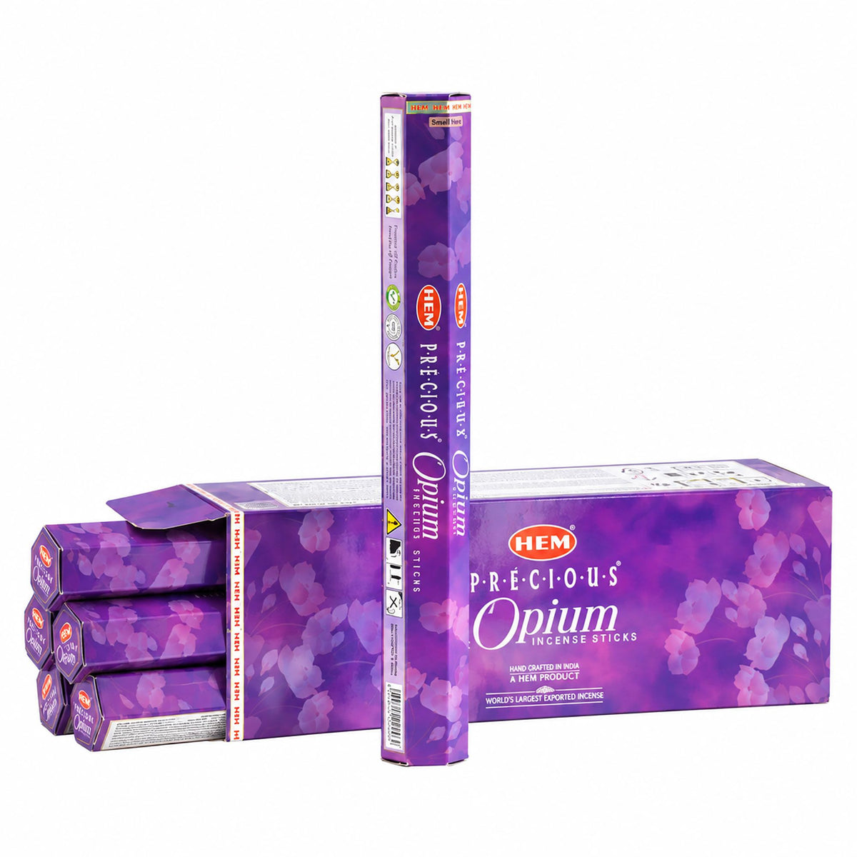 HEM Precious Opium pack beside several purple incense boxes