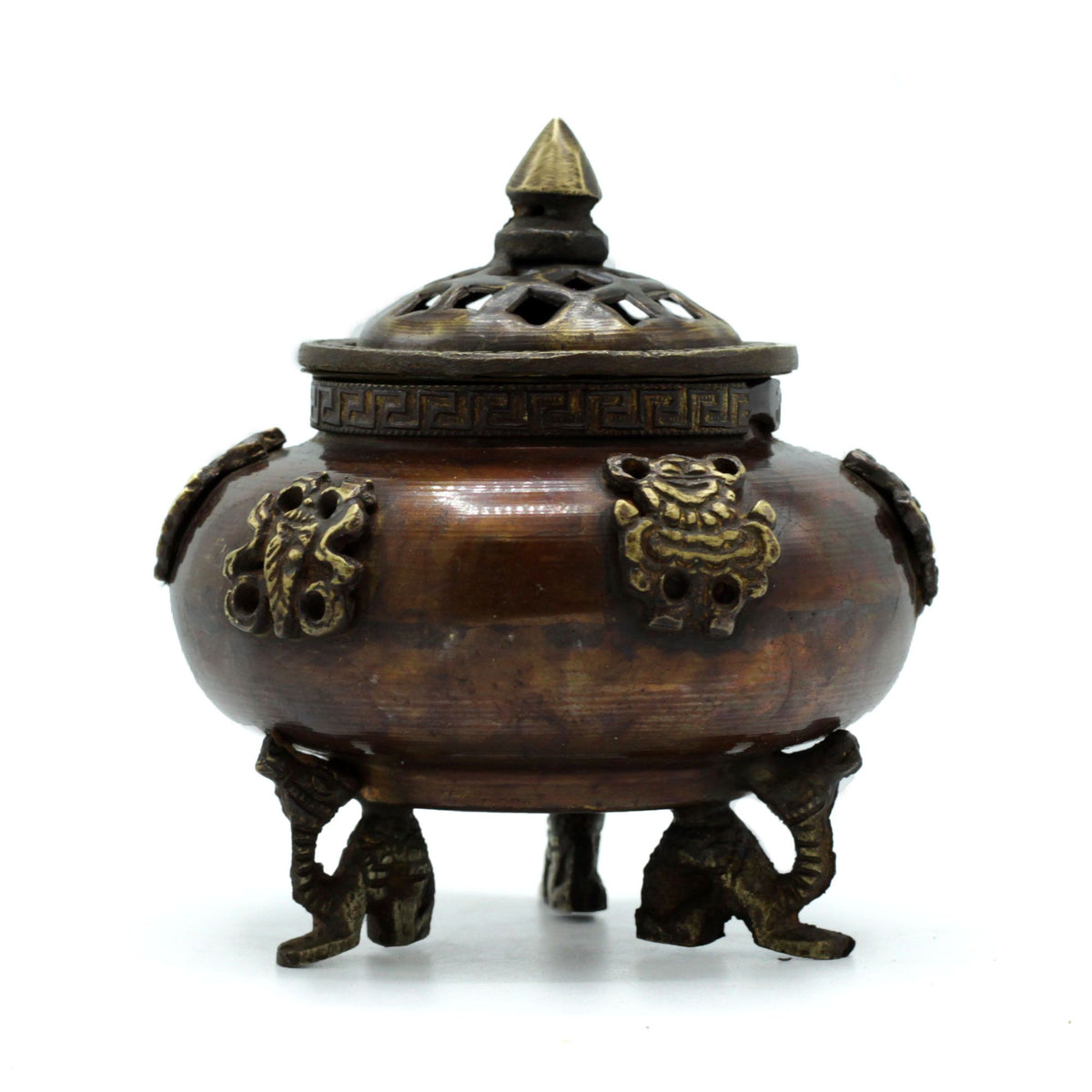 Brass Tibetan incense burner, round bronze-toned pot with a pierced lid and dragon-style feet