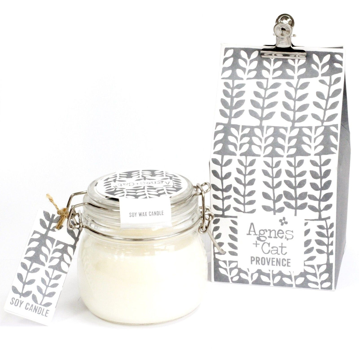 Agnes + Cat Kilner Jar Candle, Provence, clear glass jar with white wax beside its patterned box