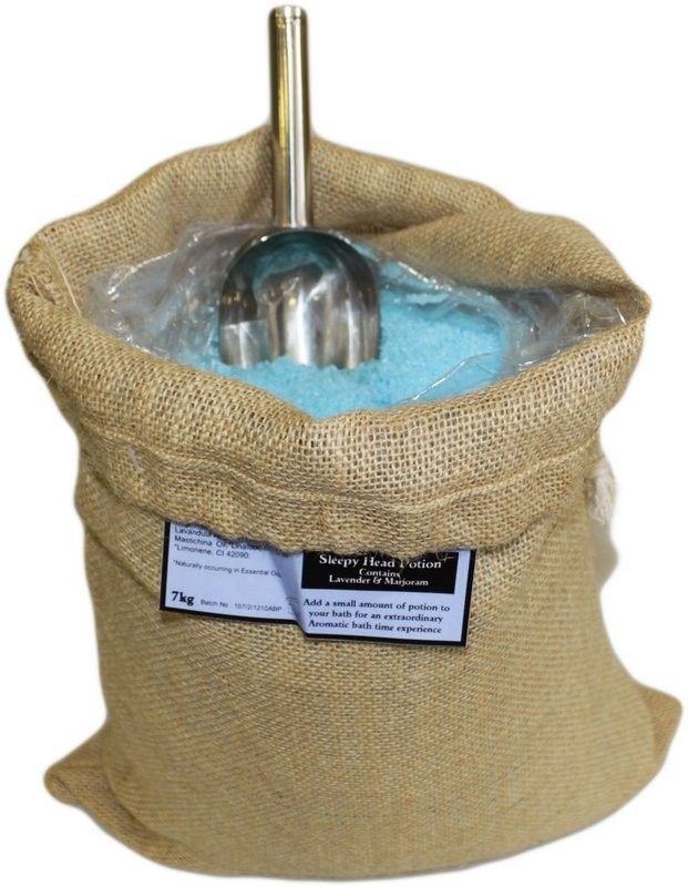 Bath salt potion in a hessian sack with a scoop