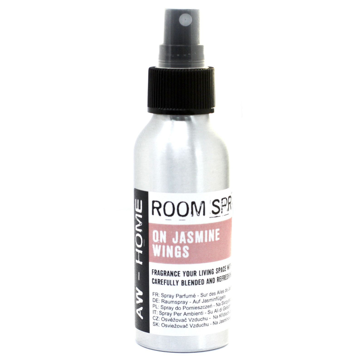 100ml Room Spray, On Jasmine Wings in a silver bottle with black spray top, shown from the front