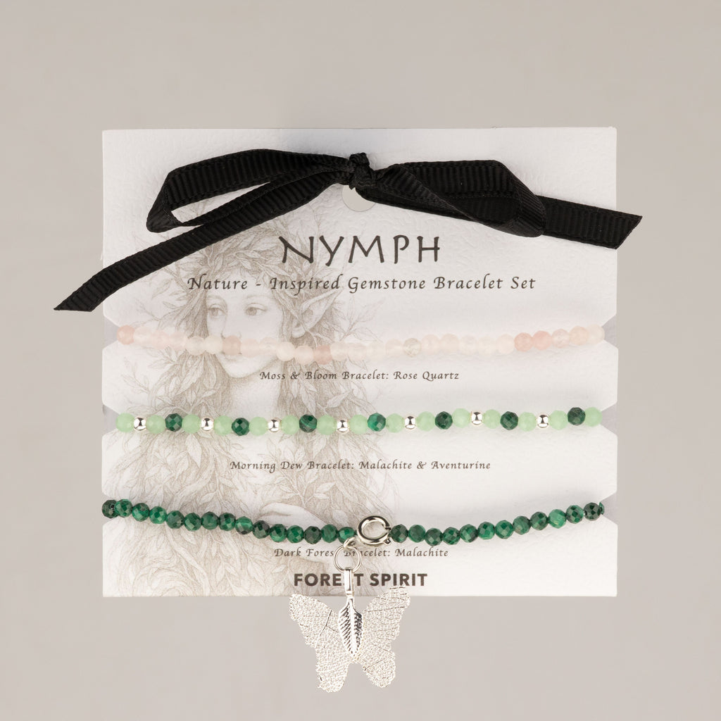 Forest Spirit gemstone bracelet set on an illustrated Nymph card