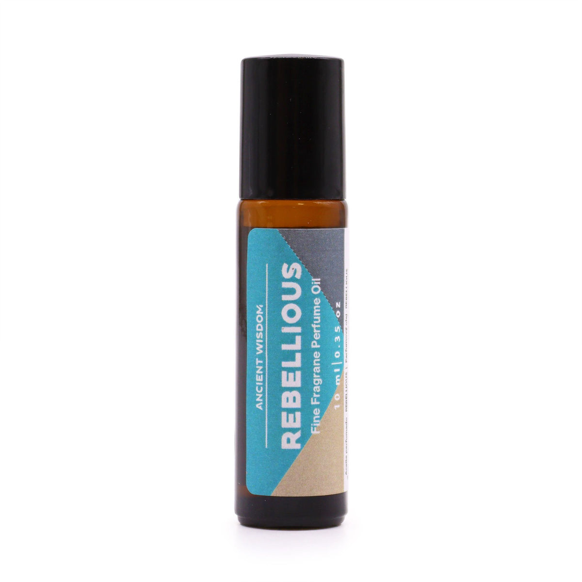 Rebellious Fine Fragrance Perfume Oil 10ml, amber roll-on bottle with a black cap and blue label