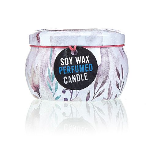 Peonies candle tin shown straight on, with a pale floral design, closed lid and black candle tag