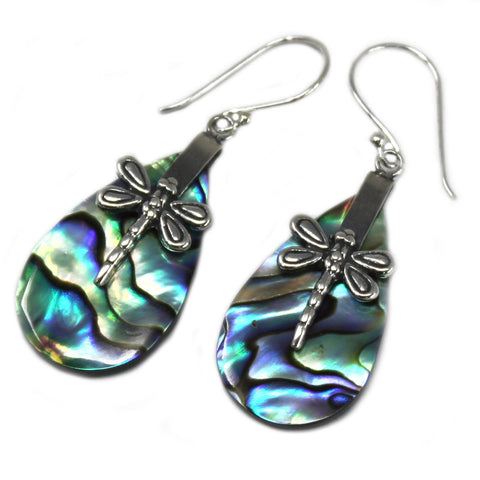 Shell & Silver Earrings, Dragonflies, Abalone, pair of iridescent shell drops with silver dragonflies