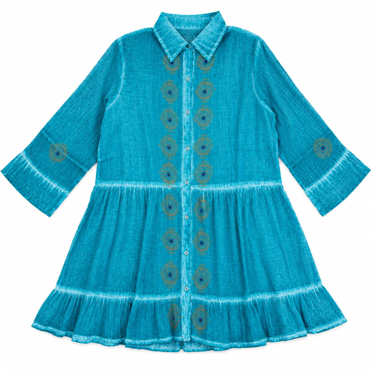 Nomad Sari On the Med Collection - Tunic Dress - Turquoise with Evil Eye Block Print (L-XL)