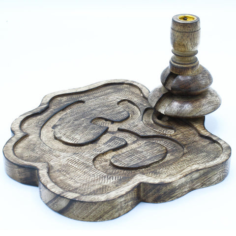 Lrg Mango Wood Backflow Burner, Ohm, carved brown burner on a pale background, viewed from above