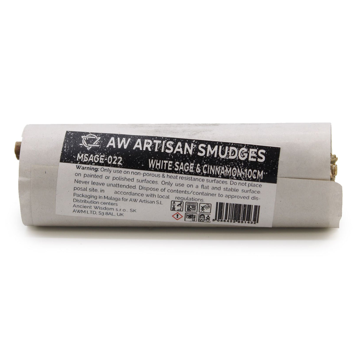 Smudge Stick, White Sage & Cinnamon 10cm in a pale paper wrapper, label facing forwards