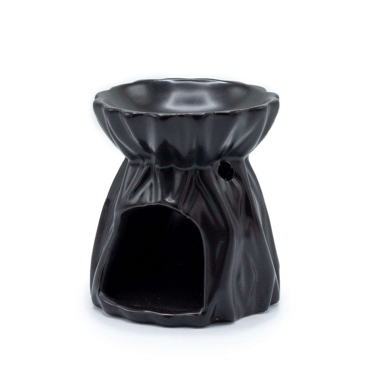 Oil Burner Geometric, Black, front view showing the bowl, arched opening and glossy ridged body