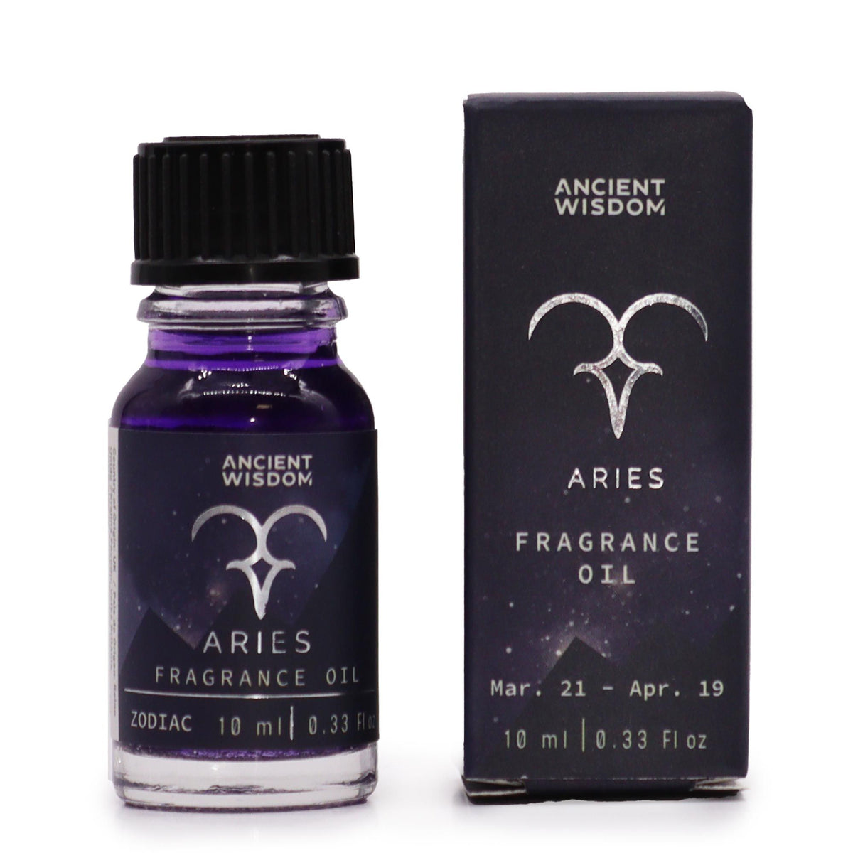 Aries zodiac fragrance oil bottle in dark purple glass next to its star-sign gift box
